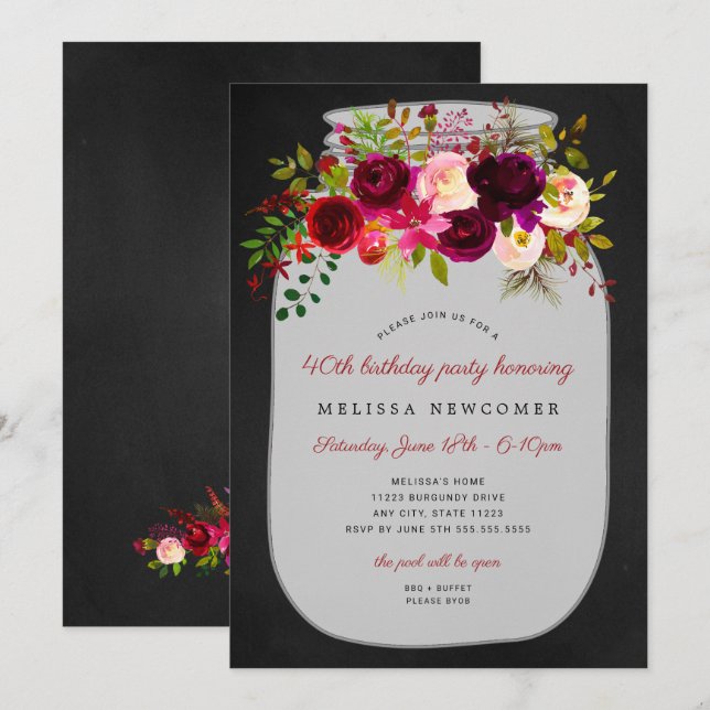 Burgundy Floral mason jar birthday party invites (Front/Back)