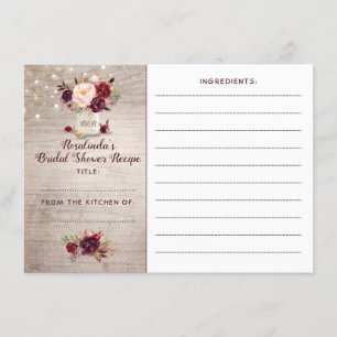 Burgundy Floral Mason Jar Bridal Shower Recipe Enclosure Card