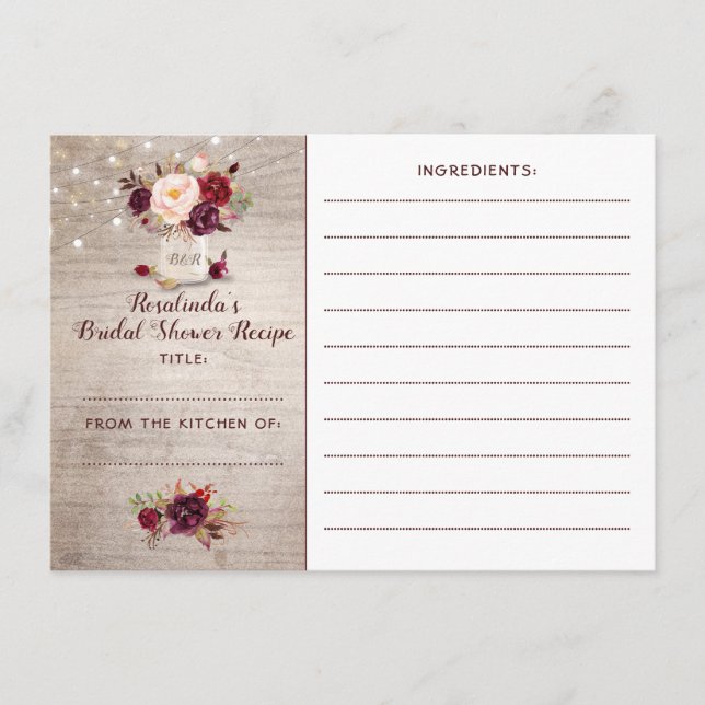 Burgundy Floral Mason Jar Bridal Shower Recipe Enclosure Card (Front)