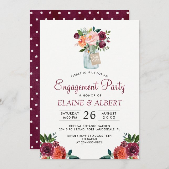Burgundy Floral Mason Jar Engagement Party Card (Front/Back)