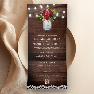 Burgundy Floral Mason Jar Lights QR Code Wedding Tri-Fold Invitation