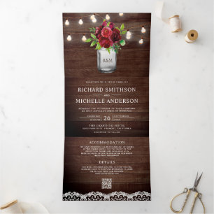 Burgundy Floral Mason Jar Lights QR Code Wedding Tri-Fold Invitation