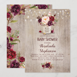 Burgundy Floral Mason Jar Rustic Baby Shower Invitation