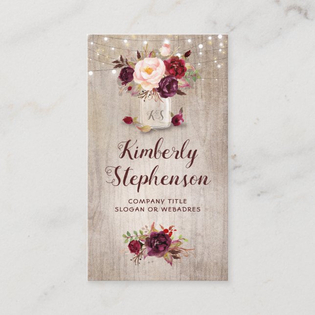 Burgundy Floral Mason Jar Rustic Country Business Card (Front)