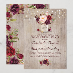 Burgundy Floral Mason Jar Rustic Engagement Party Invitation