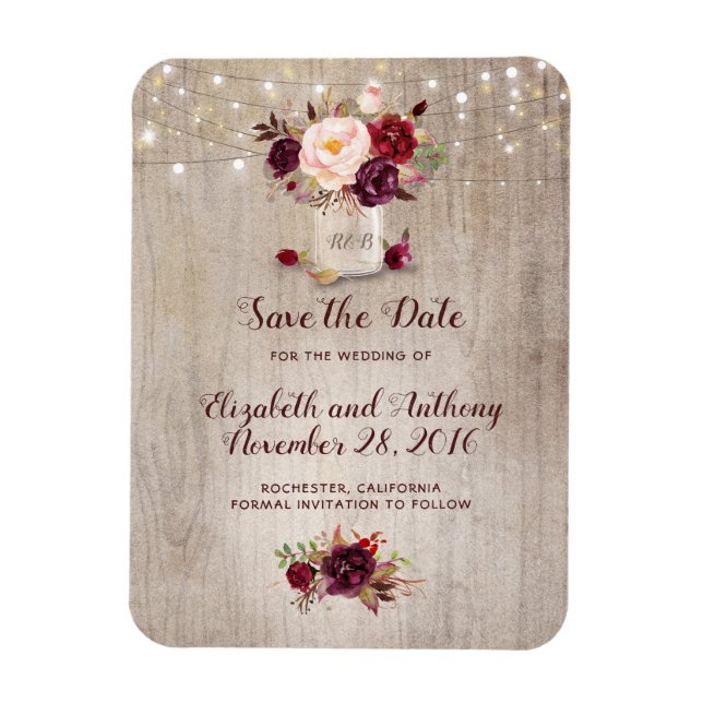 Burgundy Floral Mason Jar Rustic Save the Date Magnet (Vertical)