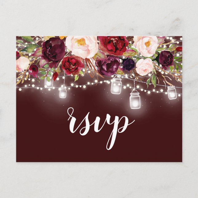 Burgundy Floral Mason Jar String Lights RSVP Invitation Postcard (Front)