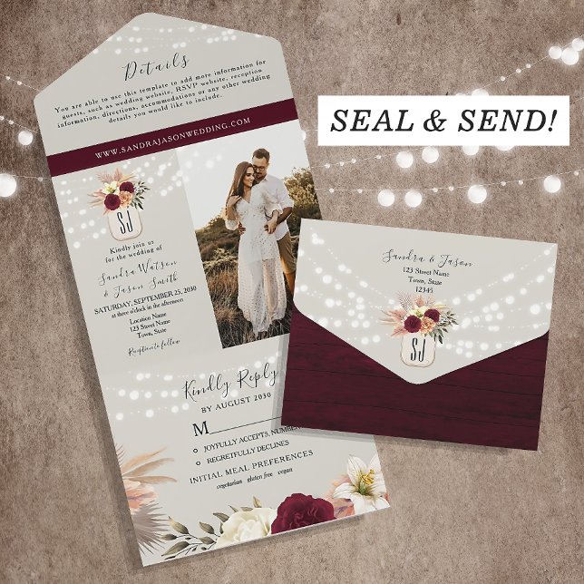 Burgundy Floral Mason Jar Wedding All In One Invitation (Creator Uploaded)