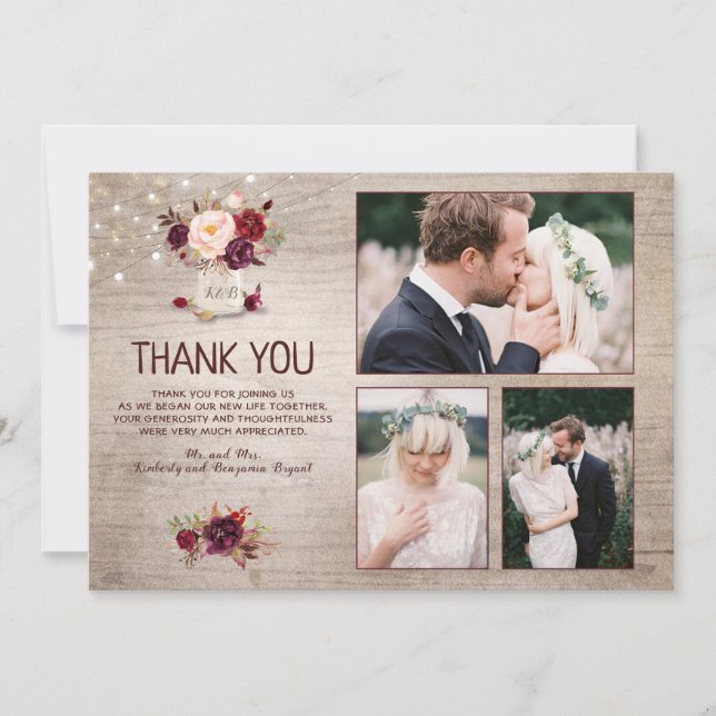 Burgundy Floral Mason Jar Wedding Thank You Photo (Front)