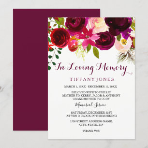Burgundy Floral Memorial Announcement Service