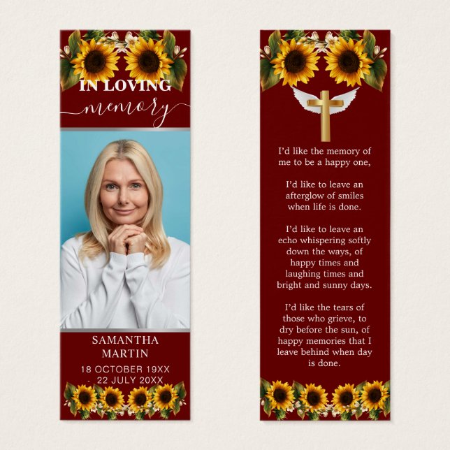 Burgundy Floral Memorial Funeral Bookmark (Front & Back)