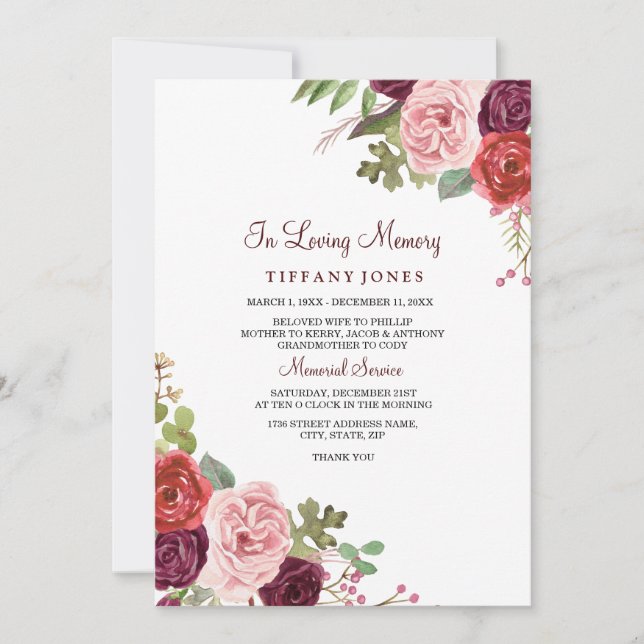 Burgundy Floral Memorial Service Announcement (Front)