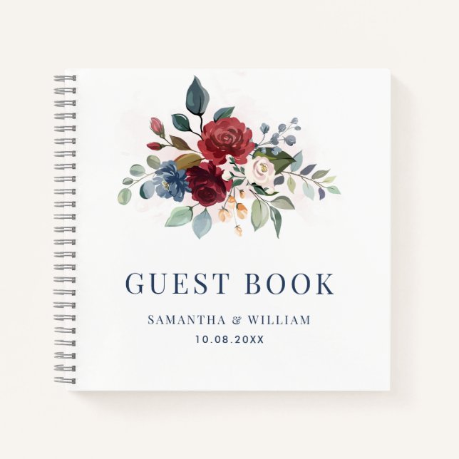 Burgundy Floral Modern Botanical Wedding Guest Notebook (Front)