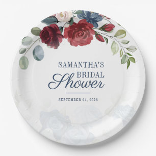 Burgundy Floral Modern Bridal Shower Party Paper Plate