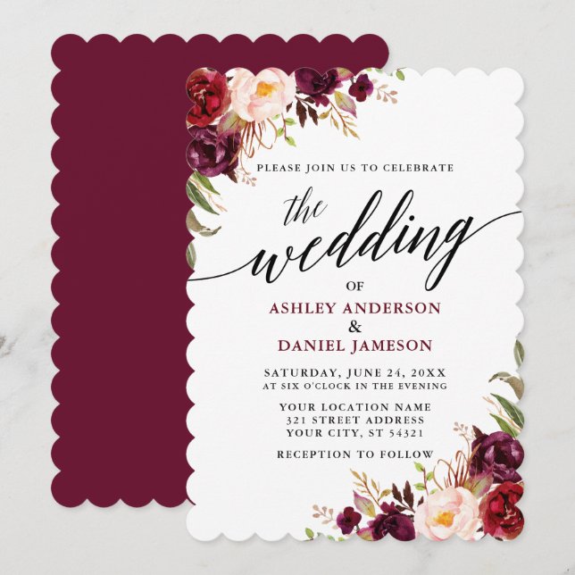 Burgundy Floral Modern Elegant Calligraphy Wedding Invitation (Front/Back)