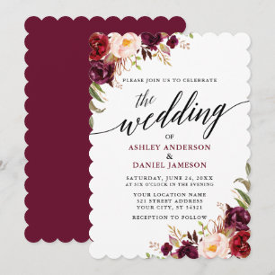Burgundy Floral Modern Elegant Calligraphy Wedding Invitation