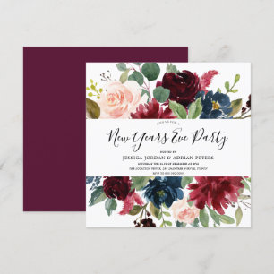Burgundy Floral Modern New Years Eve Party Invitation