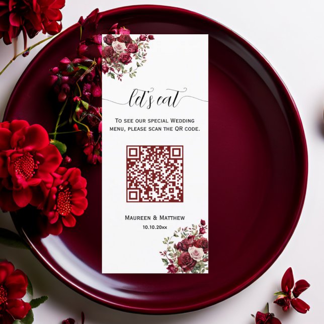 Burgundy Floral Modern QR Code 4x9'' Wedding Menu (Creator Uploaded)