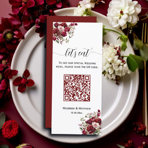 Burgundy Floral Modern QR Code 4x9'' Wedding Menu