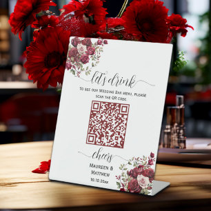 Burgundy Floral Modern QR Code Wedding Bar Menu Pedestal Sign