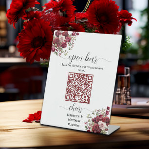Burgundy Floral Modern QR Code Wedding Open Bar Pedestal Sign