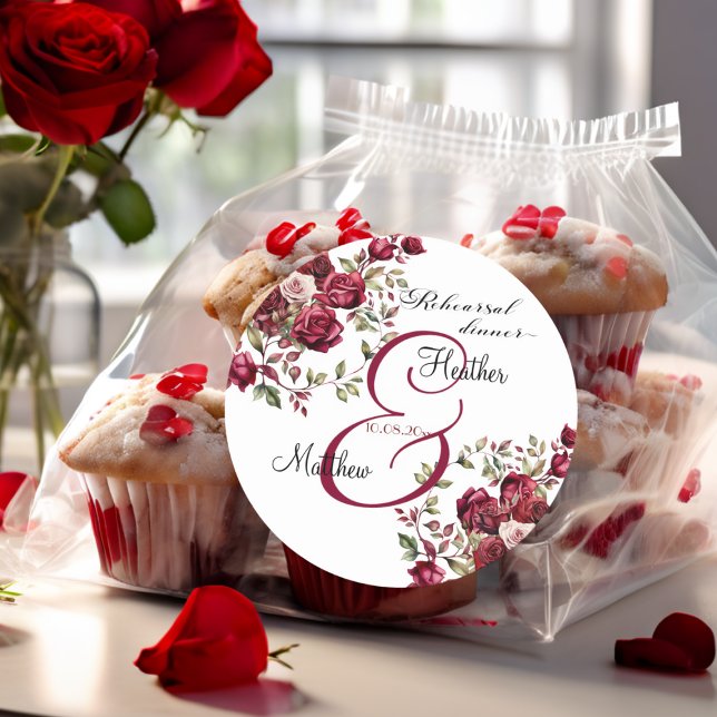 Burgundy Floral Modern 'Rehearsal dinner' Wedding Classic Round Sticker (Creator Uploaded)