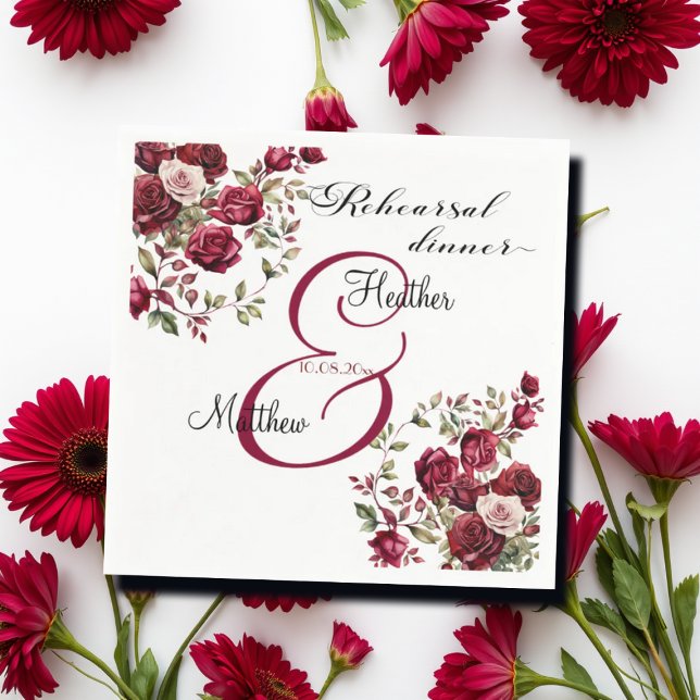 Burgundy Floral Modern 'Rehearsal dinner' Wedding Napkin (Creator Uploaded)