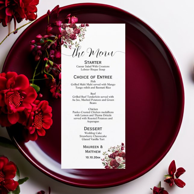 Burgundy Floral Modern Script 4x9'' Wedding Menu (Creator Uploaded)