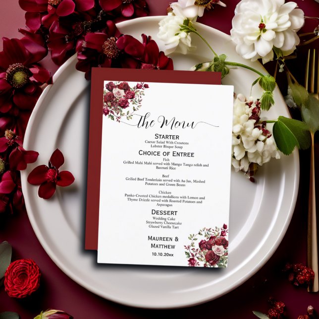 Burgundy Floral Modern Script 5x7'' Wedding Menu (Creator Uploaded)