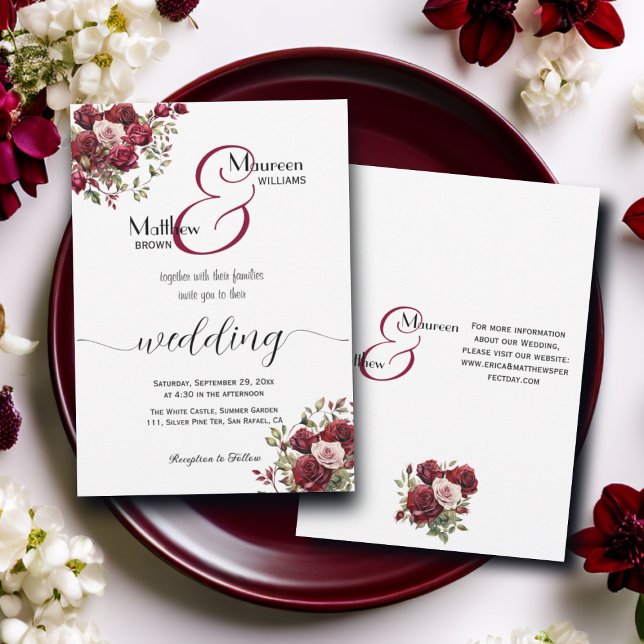 Burgundy Floral Modern Script and Details Wedding Invitation (Creator Uploaded)