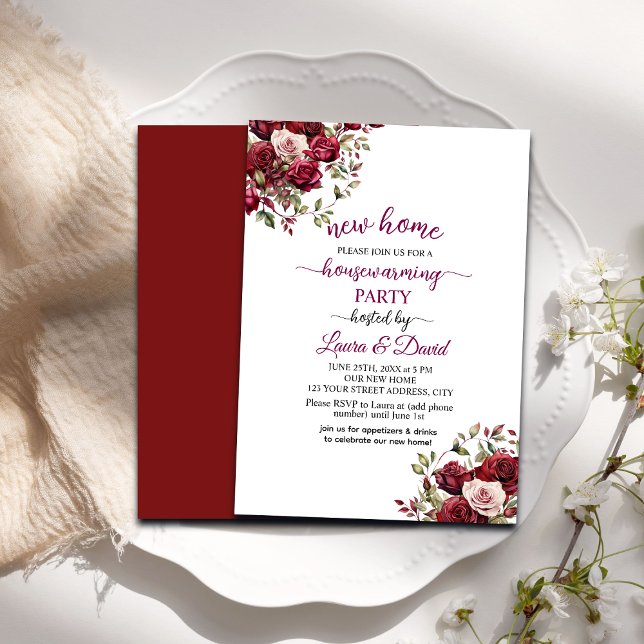 Burgundy Floral Modern Script Housewarming Party Invitation (Creator Uploaded)