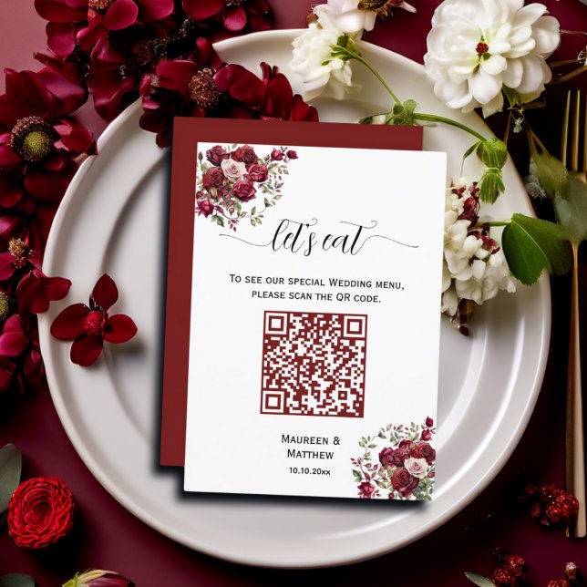 Burgundy Floral Modern Script QR Code Wedding Menu (Creator Uploaded)