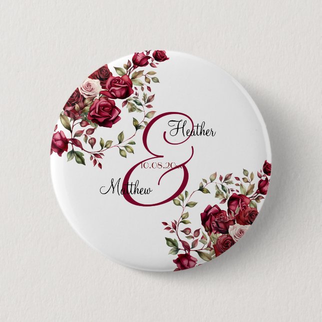 Burgundy Floral Modern Script Wedding 6 Cm Round Badge (Front)