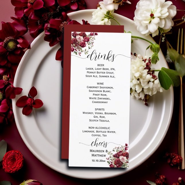 Burgundy Floral Modern Script Wedding Bar Menu (Creator Uploaded)