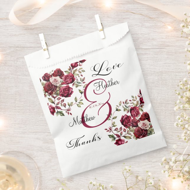 Burgundy Floral Modern Script Wedding Favour Bags (Clipped)
