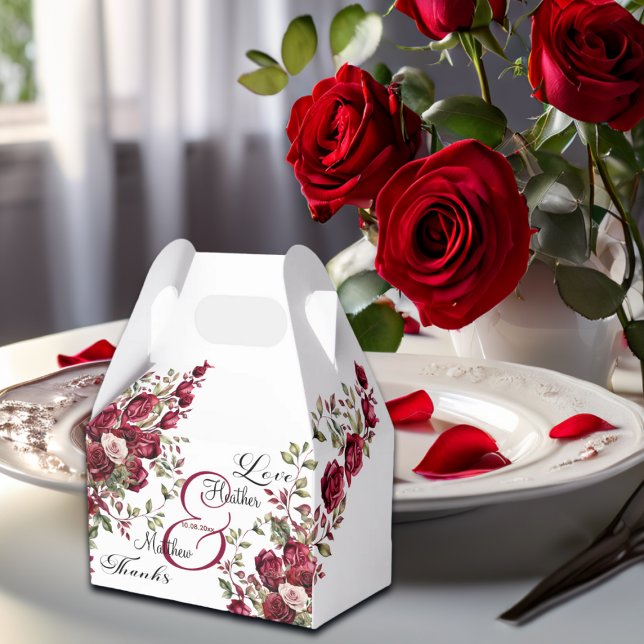 Burgundy Floral Modern Script Wedding Favour Box (Creator Uploaded)