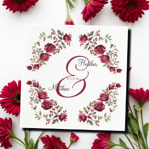 Burgundy Floral Modern Script Wedding Napkin