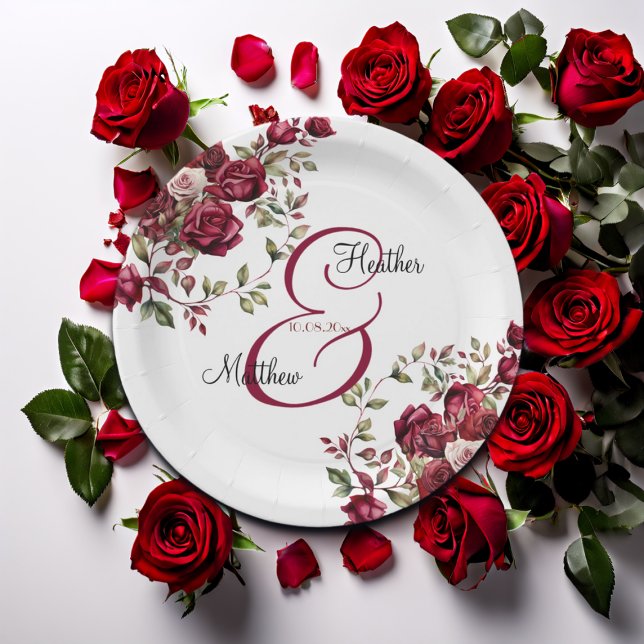 Burgundy Floral Modern Script Wedding Paper Plate (Creator Uploaded)