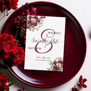 Burgundy Floral Modern Script Wedding Save The Date