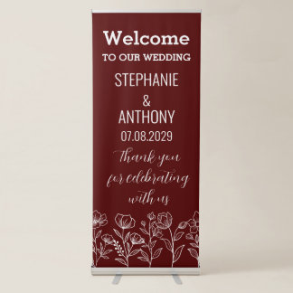Burgundy Floral Modern Simple Elegant Boho Wedding Retractable Banner