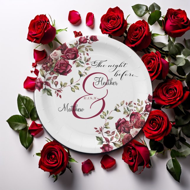 Burgundy Floral Modern 'The Night Before' Wedding Paper Plate (Creator Uploaded)