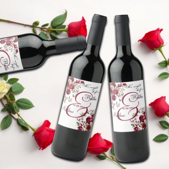 Burgundy Floral Modern 'The Night Before' Wedding Wine Label (Creator Uploaded)