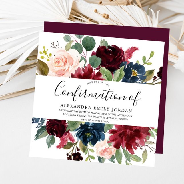Burgundy Floral Modern Watercolor Confirmation Invitation (Creator Uploaded)