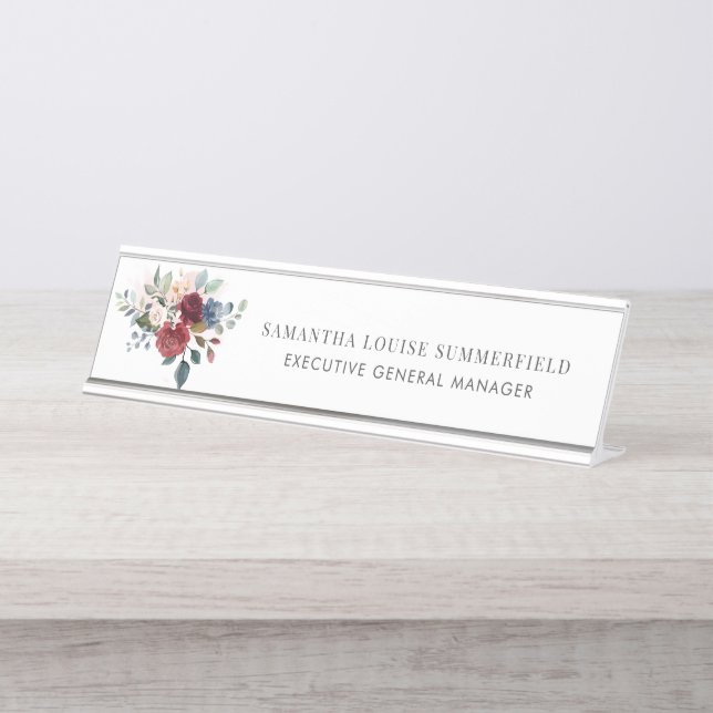 Burgundy Floral Modern Watercolor Greenery Desk Name Plate (Front)
