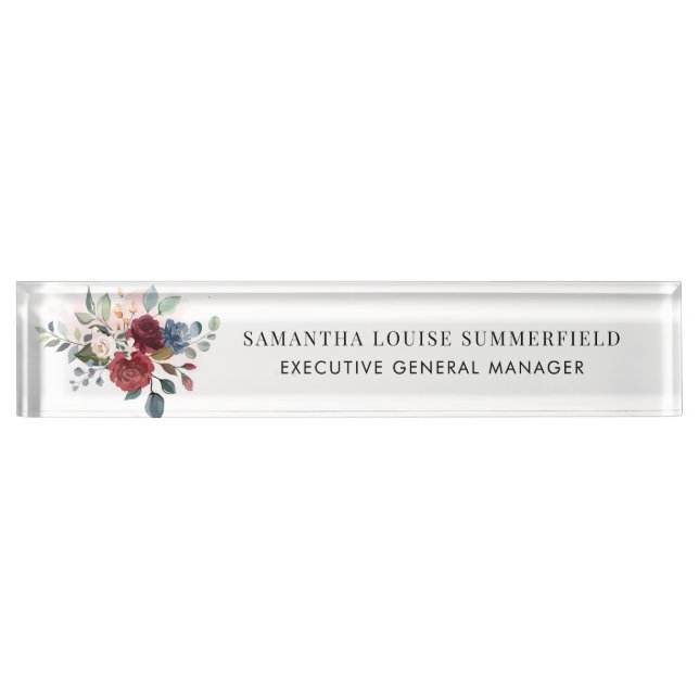 Burgundy Floral Modern Watercolor Nameplate (Front)