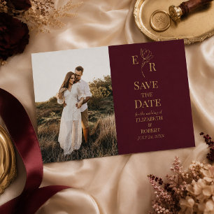 Burgundy Floral Monogram Photo Save the Date Card