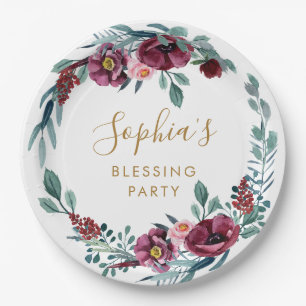 Burgundy Floral Mother's Blessing Party Custom Paper Plate