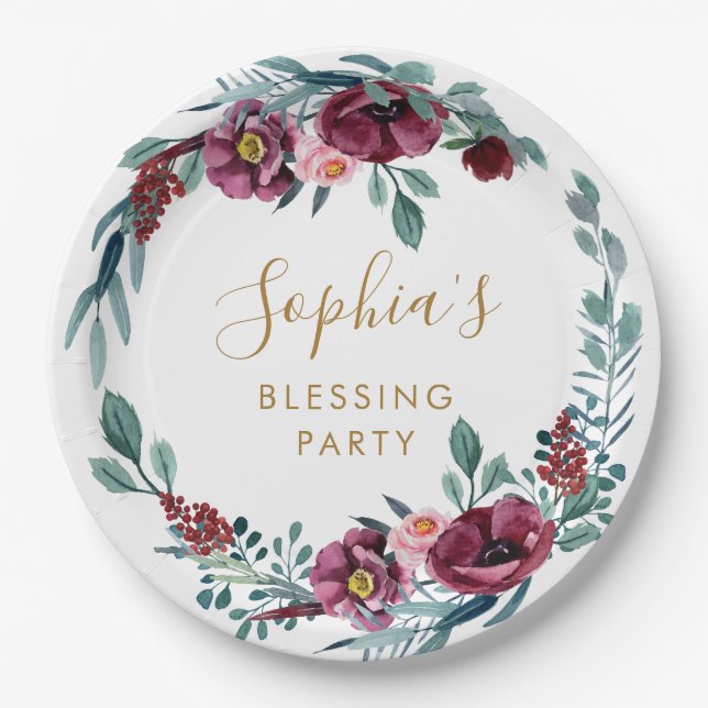 Burgundy Floral Mother's Blessing Party Custom Paper Plate (Front)