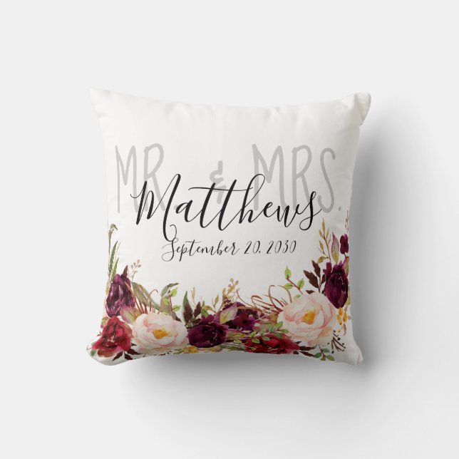 Burgundy Floral Mr and Mrs Wedding Keepsake Cushion (Front)