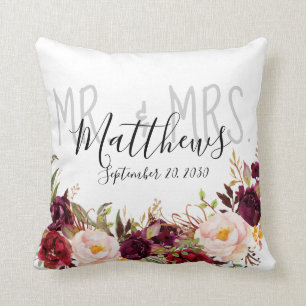 Burgundy Floral Mr and Mrs Wedding Keepsake Cushion